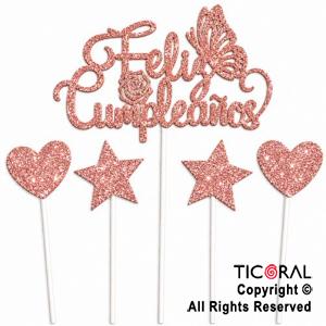 CAKE TOPPER FELIZ CUMPLEA�OS CON ESTRELLAS Y CORAZONES GIBRE ROSA GOLD
